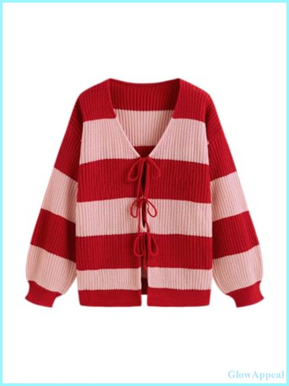Women's Cropped Cardigan Striped Knit Tie Front Balloon Sleeve 100% Acrylic